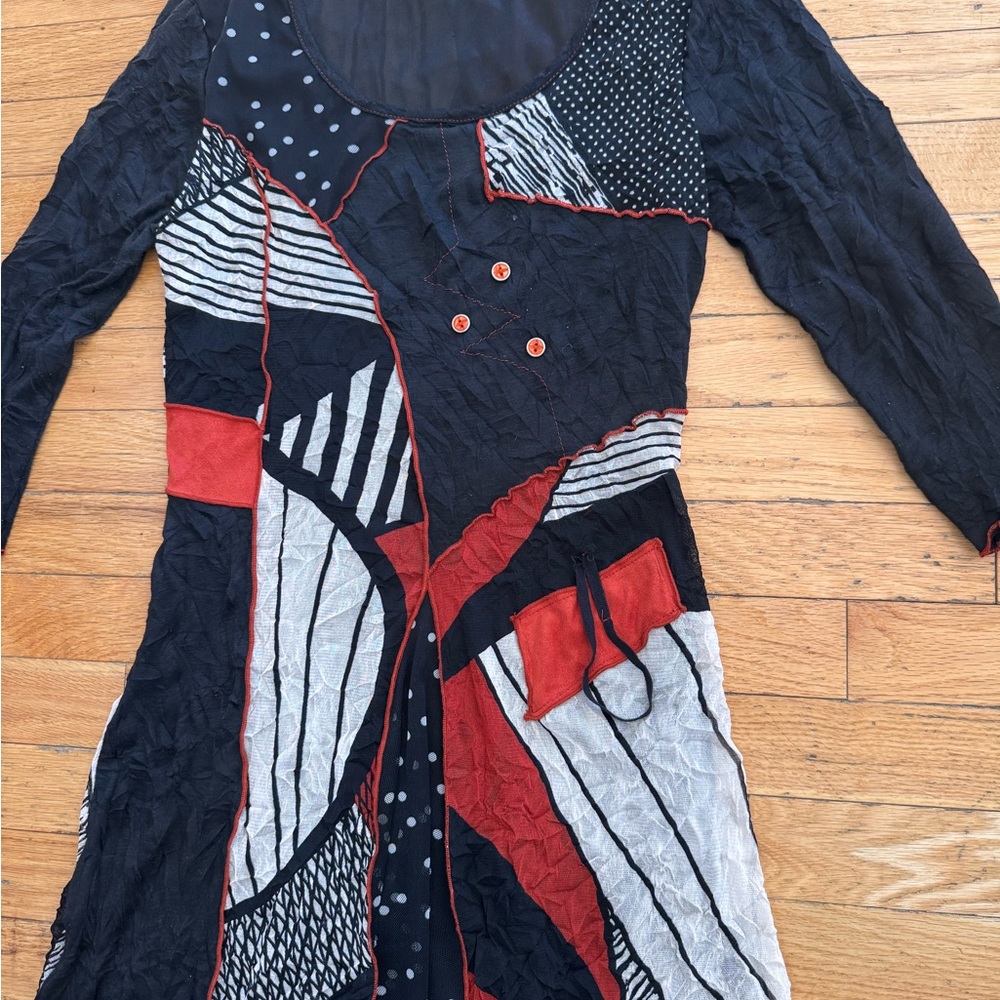 Michael Tyler Patchwork Crinkle Midi Dress‎ Small Black Red White Lagenlook Boho
